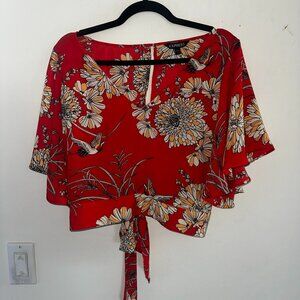 Express Women’s Red Floral Tie-Front Flutter Sleeve Crop Top Size M